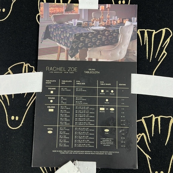 🛍️Rachel Zoe Halloween Tablecloth Oblong 60"x 84"- Black with Gold Ghost Cotton - Picture 6 of 7